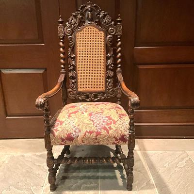 FB838 Antique Carved Oak Renaissance Cane Back Upholstered Arm Chair