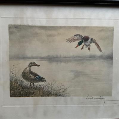 FB841 Pair of Léon Danchin French (1887-1939) Hand Colored Duck Etchings
