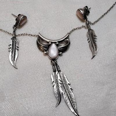 Navajo Pink Mother of Pearl 17" Necklace And Earrings Signed 925 Set