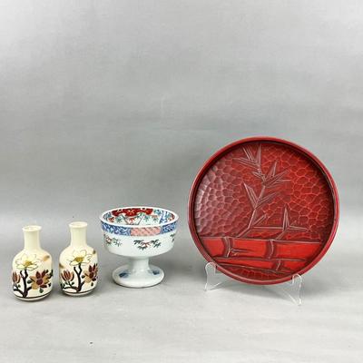 D843 Red Asian Wood Tray with Porcelain Vases and Pedestal Bowl