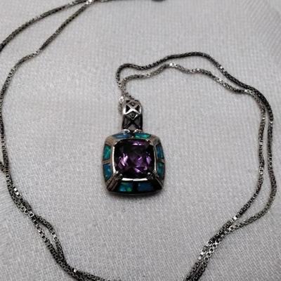 Amethyst Surrounded By Blue Fire Opal 925 18" Necklace
