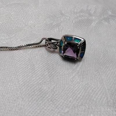 Amethyst Surrounded By Blue Fire Opal 925 18" Necklace