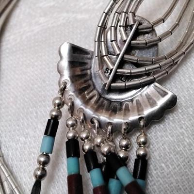 Vintage Zuni Liquid Sterling Silver Lapidary Art 20" Necklace