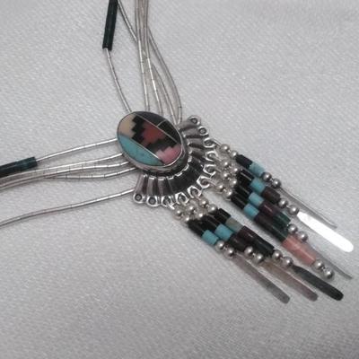 Vintage Zuni Liquid Sterling Silver Lapidary Art 20" Necklace