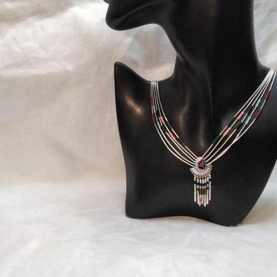 Vintage Zuni Liquid Sterling Silver Lapidary Art 20" Necklace