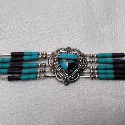 Purple Turquoise And Turquoise Zuni Lapidary Art Liquid Sterling Silver 6.5" Bracelet