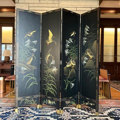 FR852 Vintage Lacquered Asian Handpainted Folding Screen / Room Divider