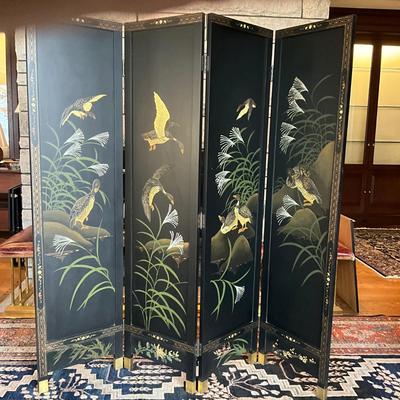 FR852 Vintage Lacquered Asian Handpainted Folding Screen / Room Divider