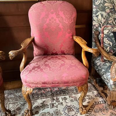FR869 Pair of Antique Chippendale Eagle Carved Arm and Claw Foot Chairs