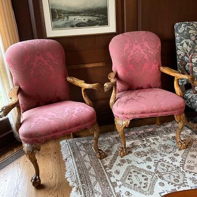 FR869 Pair of Antique Chippendale Eagle Carved Arm and Claw Foot Chairs