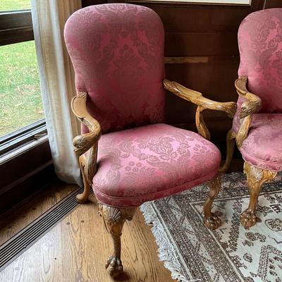 FR869 Pair of Antique Chippendale Eagle Carved Arm and Claw Foot Chairs