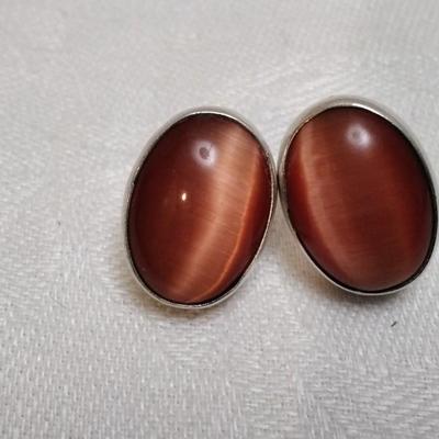 Vintage Taxco Two Trees Rare Orange Cats Eyes 925 Earrings
