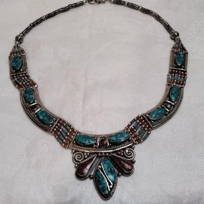 Vintage Turquoise and Coral Bib 925 Necklace