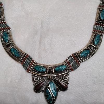 Vintage Turquoise and Coral Bib 925 Necklace