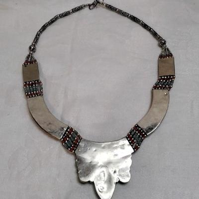 Vintage Turquoise and Coral Bib 925 Necklace