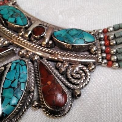 Vintage Turquoise and Coral Bib 925 Necklace