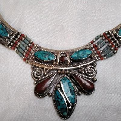 Vintage Turquoise and Coral Bib 925 Necklace