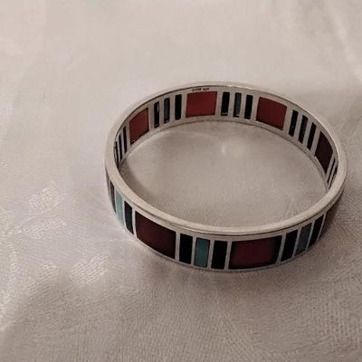 Vintage Signed Navajo Turquoise, Red Turquoise and Lapis Lazuli 925 Bracelet