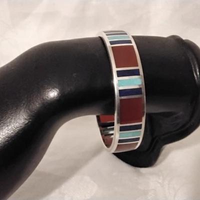 Vintage Signed Navajo Turquoise, Red Turquoise and Lapis Lazuli 925 Bracelet