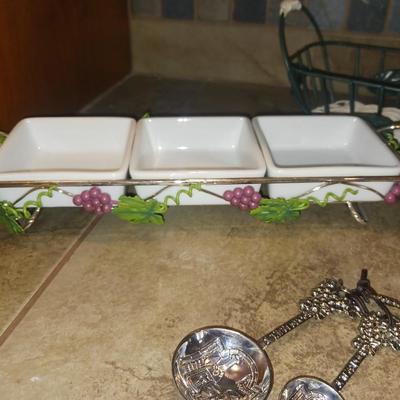 WICKER AND METAL BASKET, PEWTER MEASURING SPOONS AND TRIPLE CONDIMENT SERVER