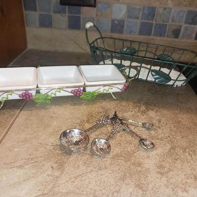 WICKER AND METAL BASKET, PEWTER MEASURING SPOONS AND TRIPLE CONDIMENT SERVER