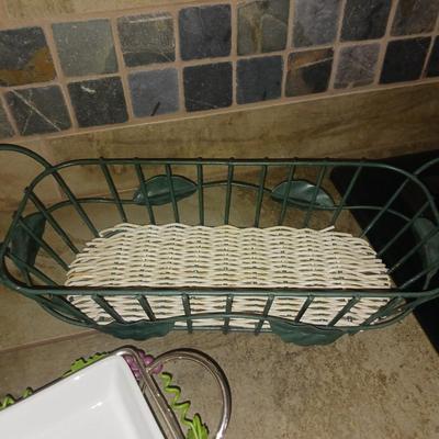 WICKER AND METAL BASKET, PEWTER MEASURING SPOONS AND TRIPLE CONDIMENT SERVER