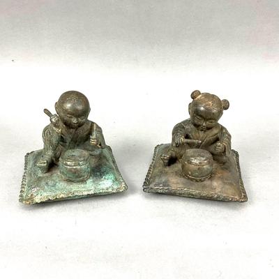 FR881 Pair of Bronze Figures of Children Playing Drums