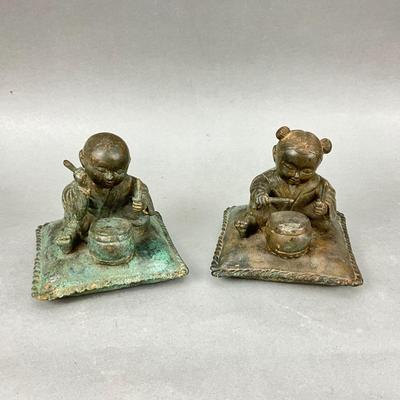 FR881 Pair of Bronze Figures of Children Playing Drums