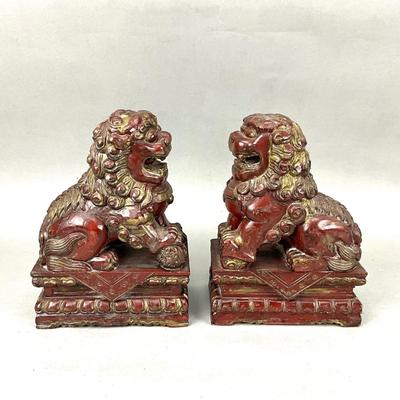 FR882 Pair of Carved Red Gold gilt Chinese Wooden Foo Dog Figures