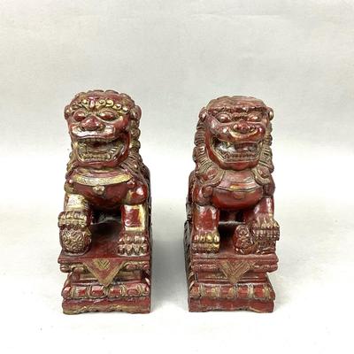 FR882 Pair of Carved Red Gold gilt Chinese Wooden Foo Dog Figures