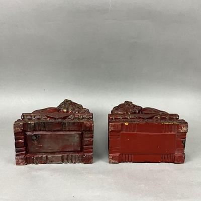 FR882 Pair of Carved Red Gold gilt Chinese Wooden Foo Dog Figures