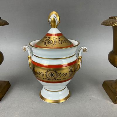 FR883 Pair of Brass Urns & Limoges Covered Porcelain Urn