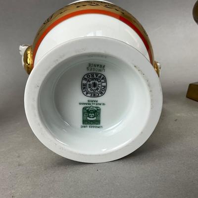 FR883 Pair of Brass Urns & Limoges Covered Porcelain Urn
