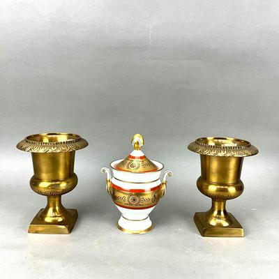 FR883 Pair of Brass Urns & Limoges Covered Porcelain Urn