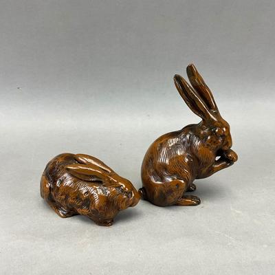 FR885 Pair of Painted Cast Bronze Playful Rabbit Sculptures