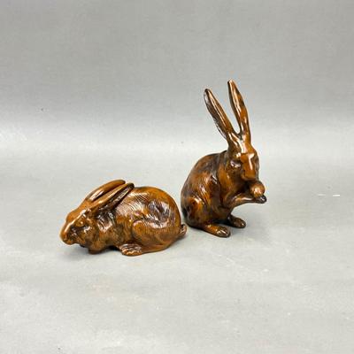 FR885 Pair of Painted Cast Bronze Playful Rabbit Sculptures