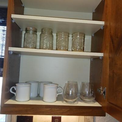 DANSK COFFEE MUGS, BALL CANNING JARS AND DRINKING GLASSES