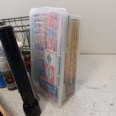 MAG-LITE, CLEANING CHEMICALS, MANY BOXES OF STICK MATCHES, MILK CRATE AND MORE