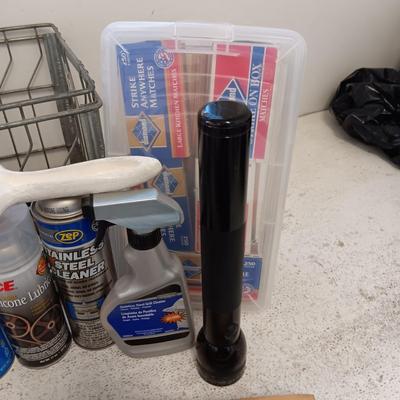 MAG-LITE, CLEANING CHEMICALS, MANY BOXES OF STICK MATCHES, MILK CRATE AND MORE