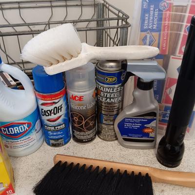 MAG-LITE, CLEANING CHEMICALS, MANY BOXES OF STICK MATCHES, MILK CRATE AND MORE