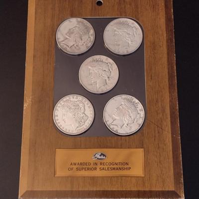 Gates Award 5 Silver Dollars Morgan and Peace Arranged on Solid Wood Plaque Includes Original Envelope