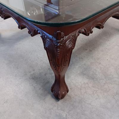 THICK GLASS TOP WOOD FRAMED COFFEE TABLE