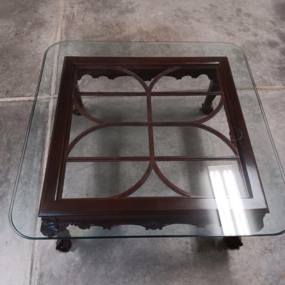 THICK GLASS TOP WOOD FRAMED COFFEE TABLE