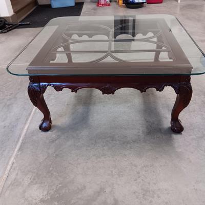 THICK GLASS TOP WOOD FRAMED COFFEE TABLE
