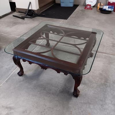 THICK GLASS TOP WOOD FRAMED COFFEE TABLE