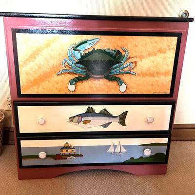 GH913 Vintage Hand painted Nautical Maryland 2 Drawer Chest by Ann Neuhauser 1990