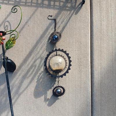FOLDING IRON SHELF AND 2 YARD ART PIECES