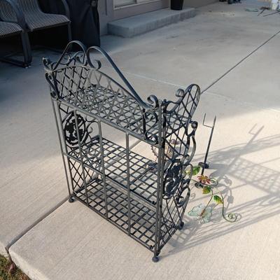 FOLDING IRON SHELF AND 2 YARD ART PIECES