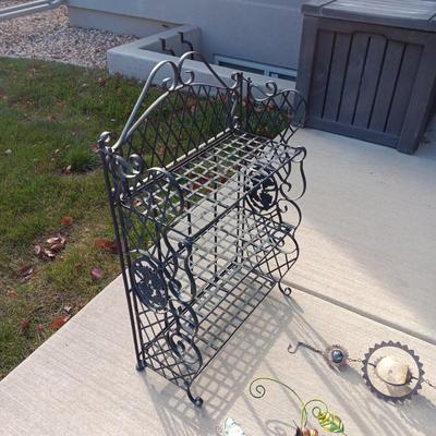 FOLDING IRON SHELF AND 2 YARD ART PIECES