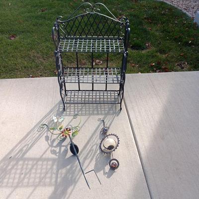 FOLDING IRON SHELF AND 2 YARD ART PIECES